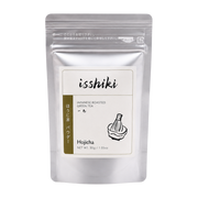 Silver resealable pouch of Isshiki Hojicha roasted green tea powder, 30 g, with whisk-and-bowl logo on the label