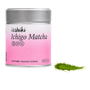 Isshiki Ichigo Matcha tin beside a green matcha powder smear