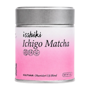 Isshiki Ichigo strawberry matcha tin in pink with silver lid, Okumidori Uji blend, 30g, front view