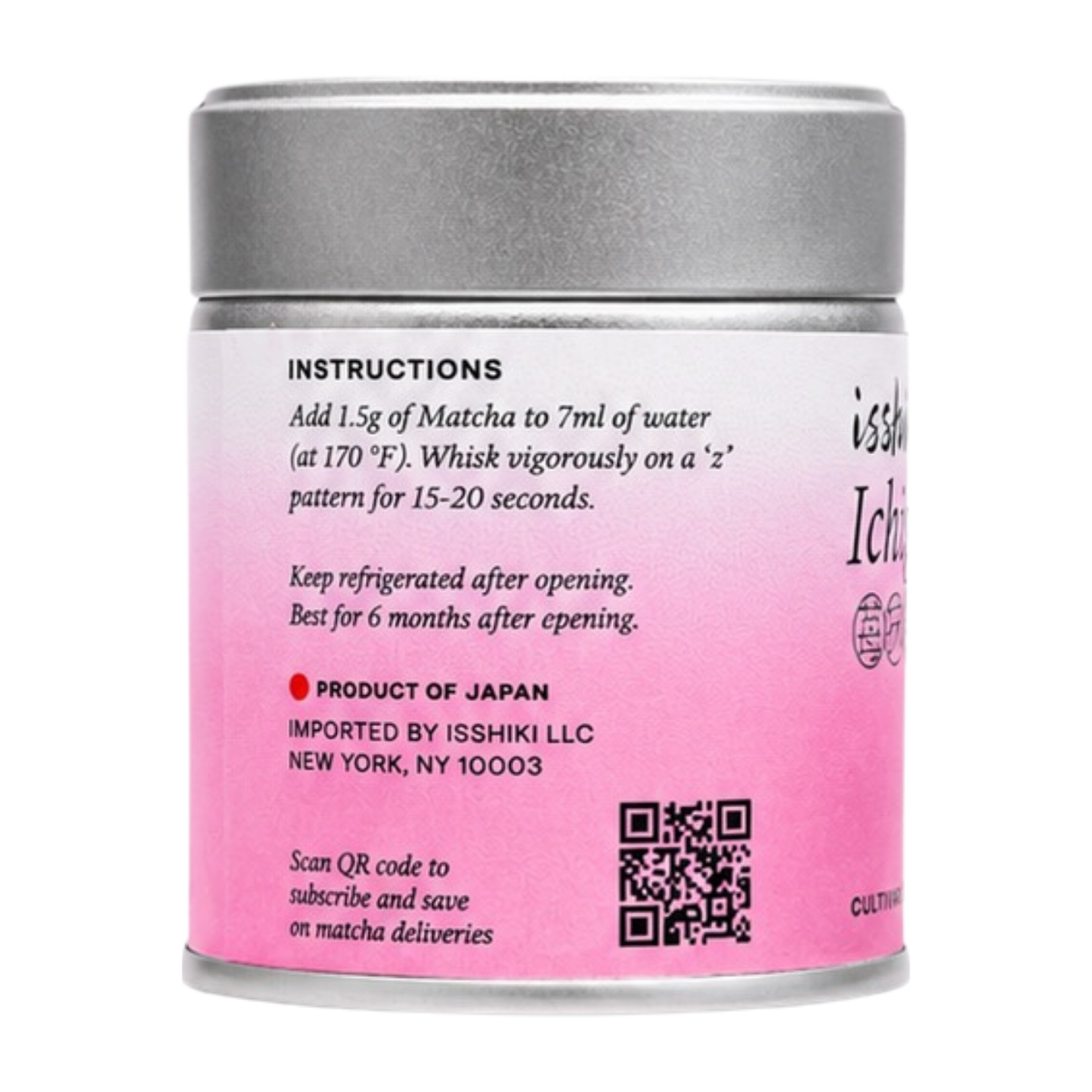 Side of the Ichigo Matcha tin with whisking instructions, storage guidance, and product of Japan label