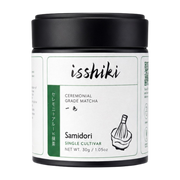 Samidori Single Cultivar matcha tin with black lid and white Isshiki label, ceremonial grade, 30g