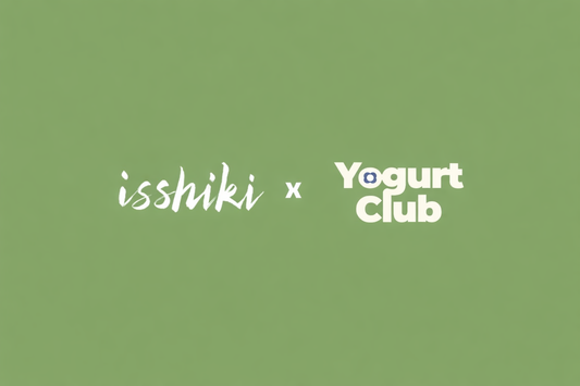 Isshiki Matcha and Yogurt Club logos displayed side by side on a green background, representing their collaboration.