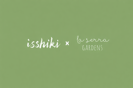 Isshiki Matcha and La Serra Gardens logos displayed side by side on a green background, representing their spring collaboration.