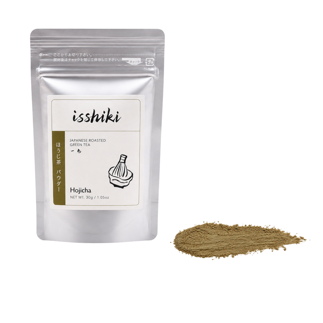 Isshiki Hojicha pouch beside a roasted brown Hojicha powder smear