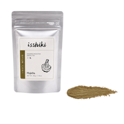 Isshiki Hojicha pouch beside a roasted brown Hojicha powder smear