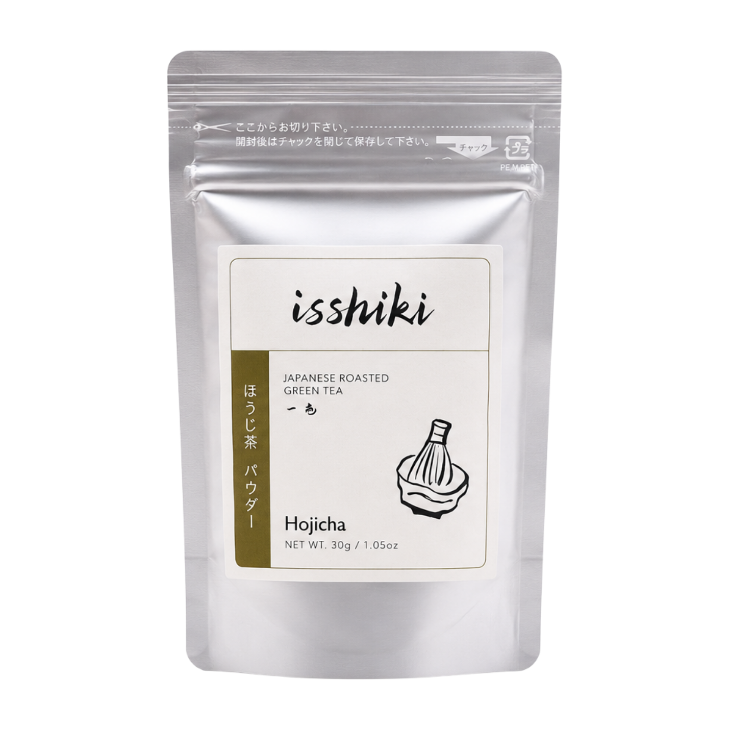 Silver resealable pouch of Isshiki Hojicha roasted green tea powder, 30 g, with whisk-and-bowl logo on the label