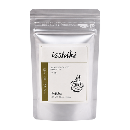 Silver resealable pouch of Isshiki Hojicha roasted green tea powder, 30 g, with whisk-and-bowl logo on the label