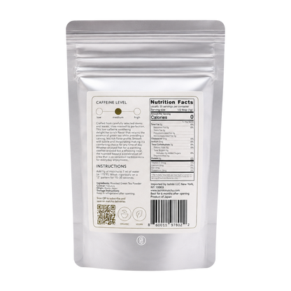 Back of Isshiki Hojicha pouch showing medium caffeine level, brewing instructions and nutrition facts panel