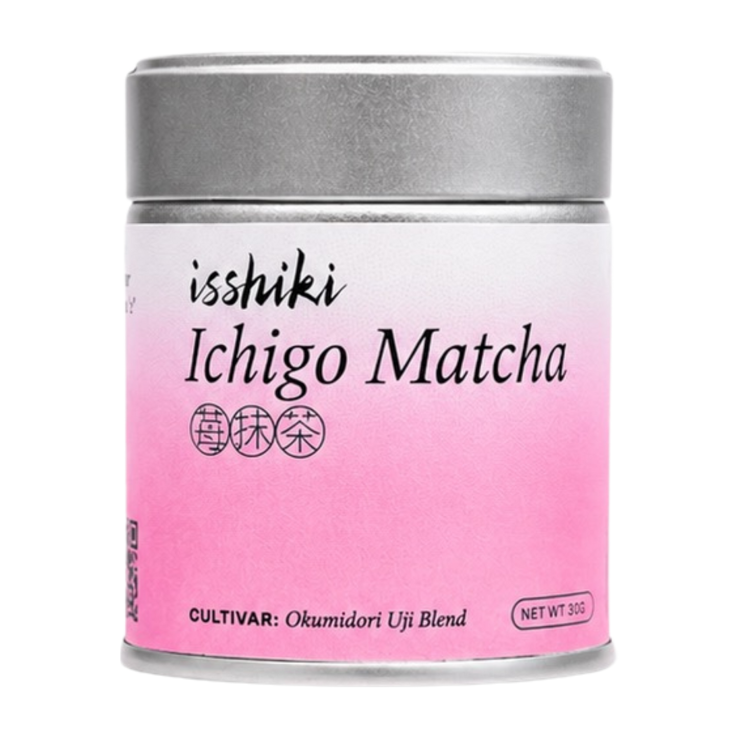 Isshiki Ichigo strawberry matcha tin in pink with silver lid, Okumidori Uji blend, 30g, front view
