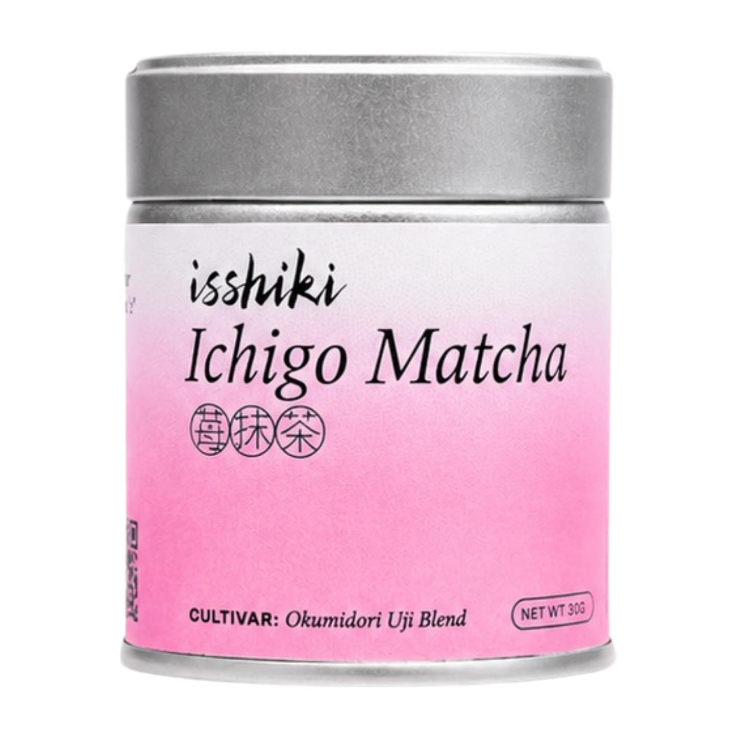 Isshiki Ichigo strawberry matcha tin in pink with silver lid, Okumidori Uji blend, 30g, front view