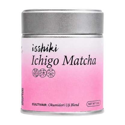 Isshiki Ichigo strawberry matcha tin in pink with silver lid, Okumidori Uji blend, 30g, front view