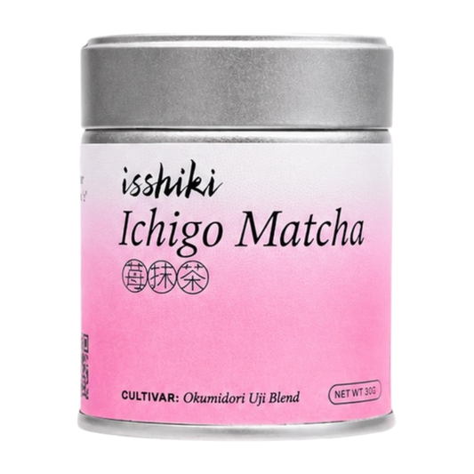 Isshiki Ichigo strawberry matcha tin in pink with silver lid, Okumidori Uji blend, 30g, front view