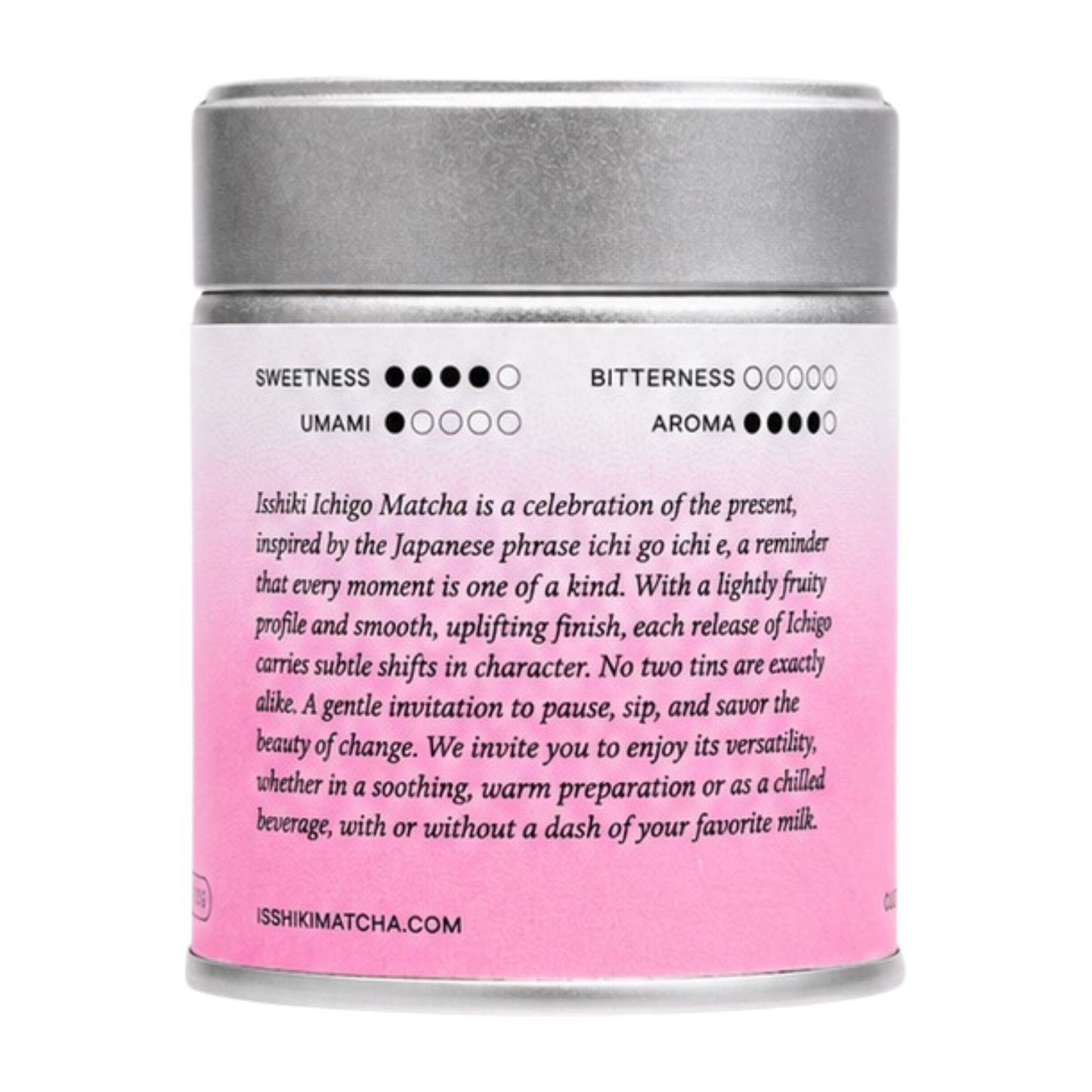 Back of the Ichigo Matcha tin with taste profile dots and the story of ichi go ichi e