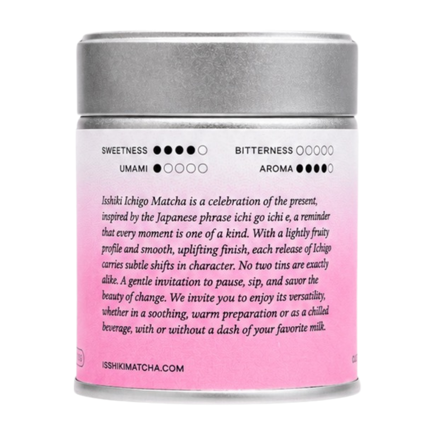 Back of the Ichigo Matcha tin with taste profile dots and the story of ichi go ichi e