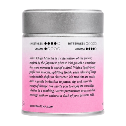 Back of the Ichigo Matcha tin with taste profile dots and the story of ichi go ichi e