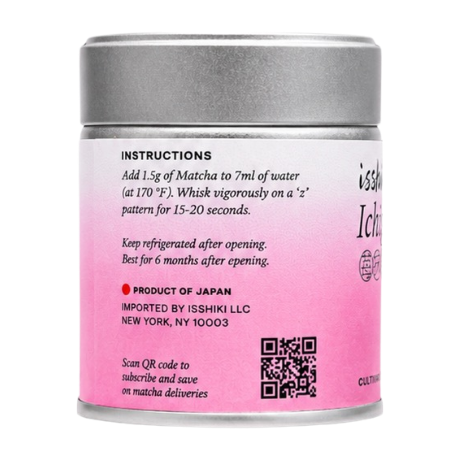 Side of the Ichigo Matcha tin with whisking instructions, storage guidance, and product of Japan label