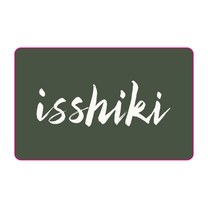 Isshiki NYC Cafe gift card in dark green with white hand-lettered isshiki script