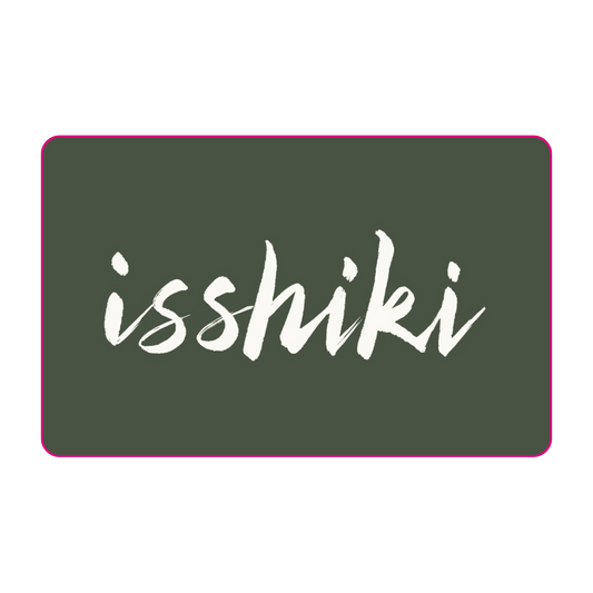 Isshiki NYC Cafe gift card in dark green with white hand-lettered isshiki script