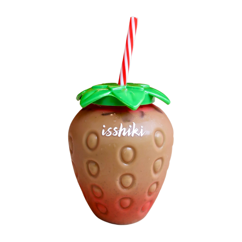 Isshiki strawberry reusable cup with green leaf lid and red striped straw, filled with an iced latte