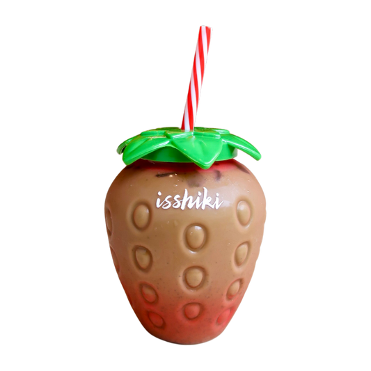 Isshiki strawberry reusable cup with green leaf lid and red striped straw, filled with an iced latte