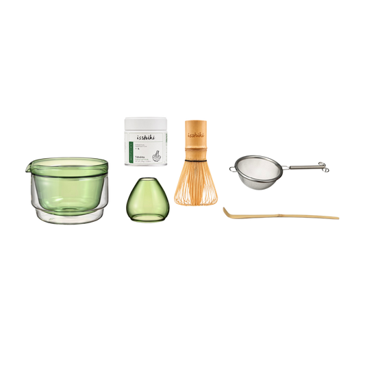 Isshiki x Hario set in green: glass bowl, matcha tin, bud vase, bamboo whisk, strainer, and bamboo scoop