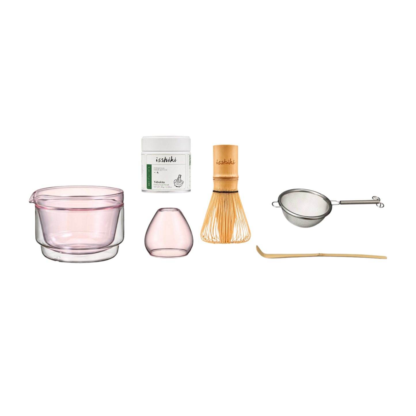 Isshiki x Hario set in pink: glass bowl, matcha tin, bud vase, bamboo whisk, strainer, and bamboo scoop