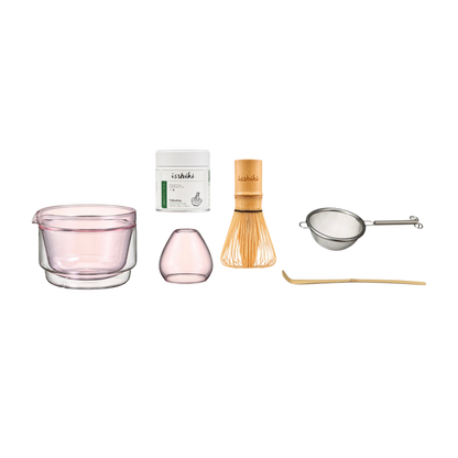 Isshiki x Hario set in pink: glass bowl, matcha tin, bud vase, bamboo whisk, strainer, and bamboo scoop