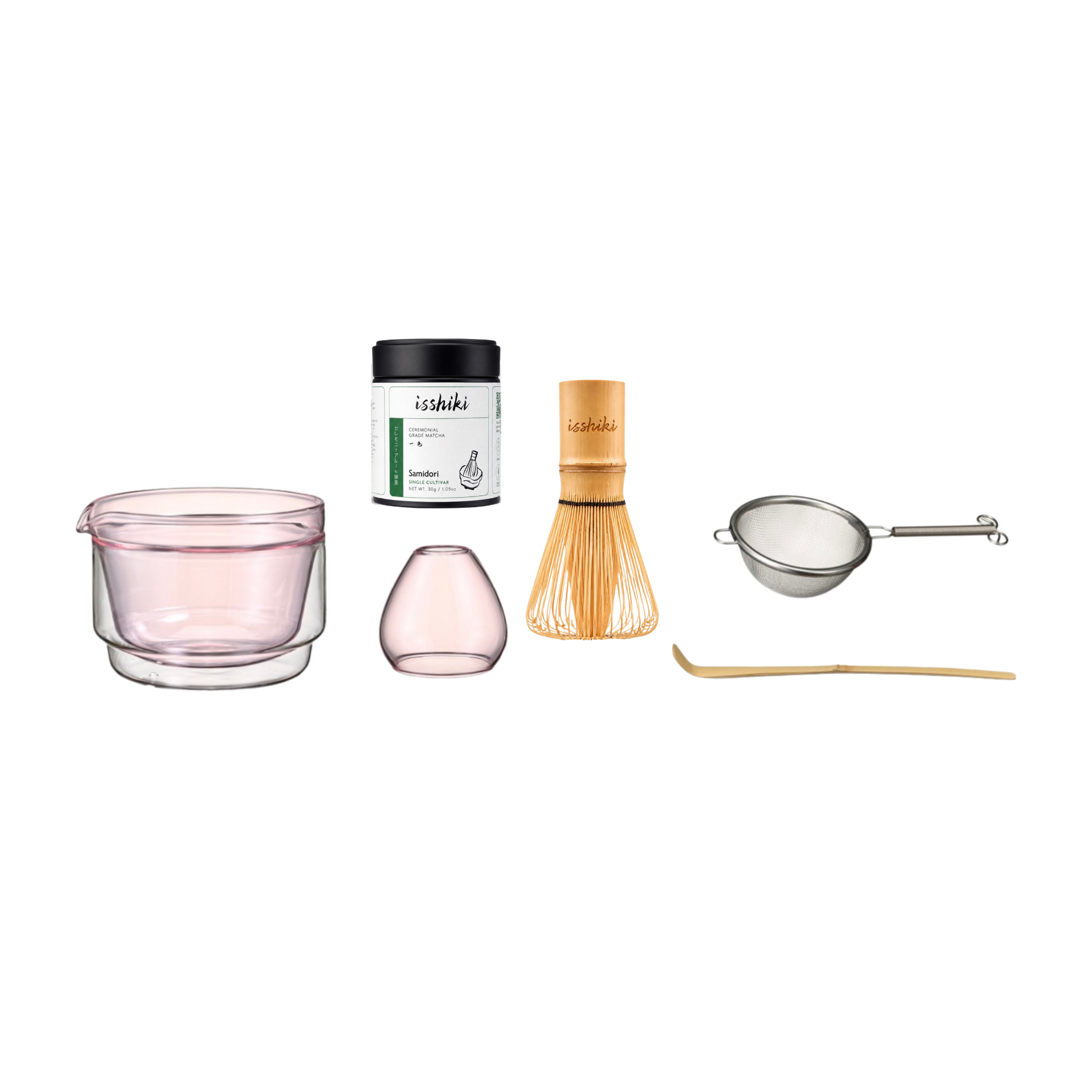 Isshiki x Hario set in pink: glass tea bowl, vase, Samidori matcha tin, bamboo whisk, strainer and bamboo scoop
