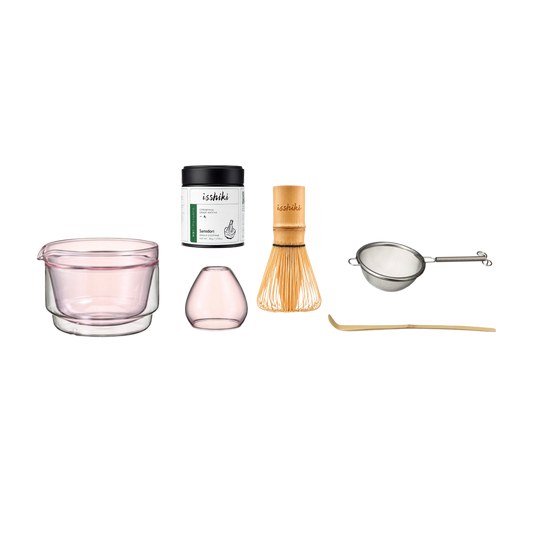 Isshiki x Hario set in pink: glass tea bowl, vase, Samidori matcha tin, bamboo whisk, strainer and bamboo scoop