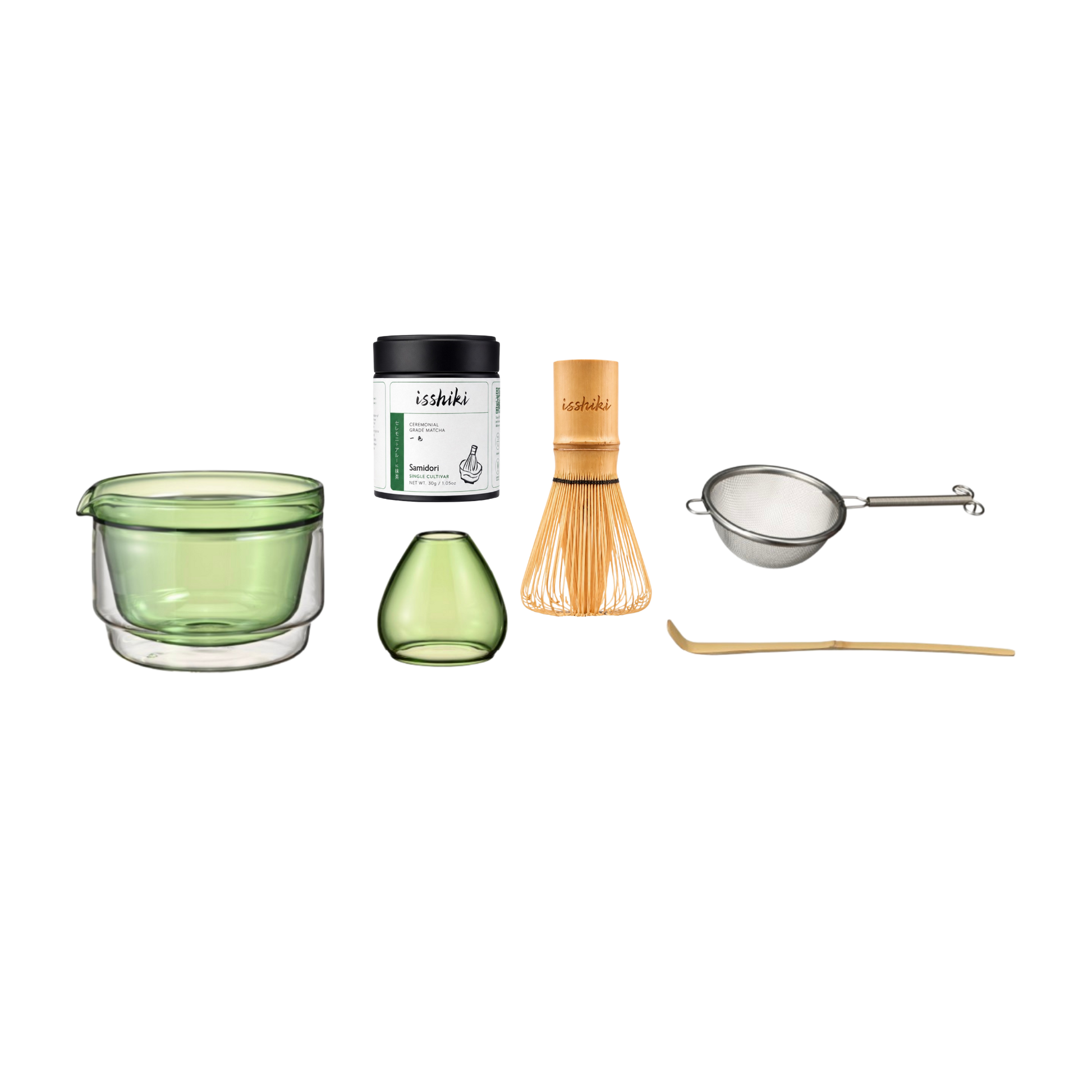 Isshiki x Hario set in green: glass tea bowl, vase, Samidori matcha tin, bamboo whisk, strainer and bamboo scoop