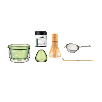 Isshiki x Hario set in green: glass tea bowl, vase, Samidori matcha tin, bamboo whisk, strainer and bamboo scoop