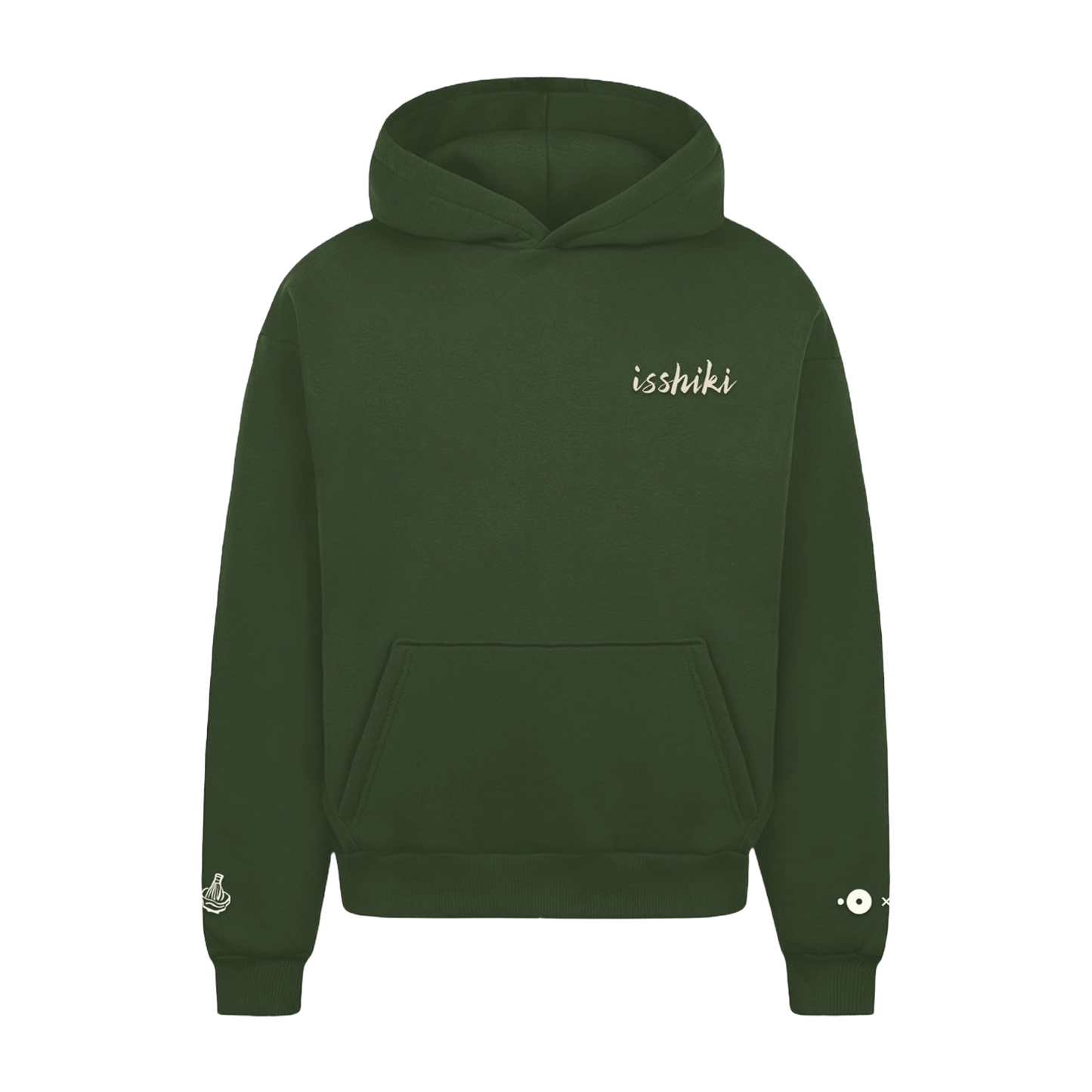 Front of the forest green New York Matcha Club hoodie with isshiki embroidered on the chest