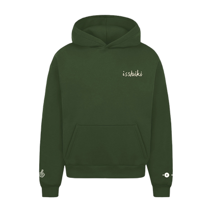 Front of the forest green New York Matcha Club hoodie with isshiki embroidered on the chest