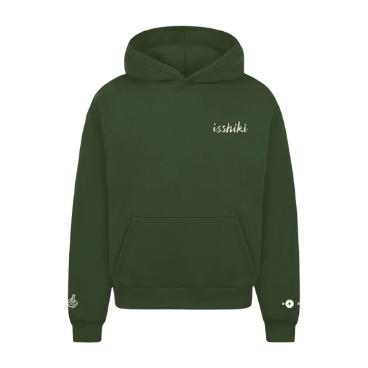 Front of the forest green New York Matcha Club hoodie with isshiki embroidered on the chest