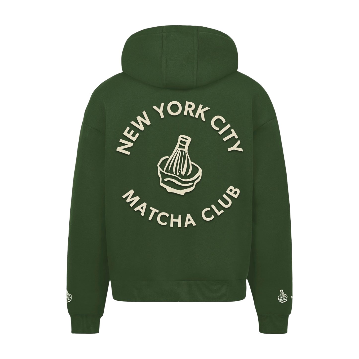 Back of the green hoodie with New York City Matcha Club lettering around a bamboo whisk and bowl graphic