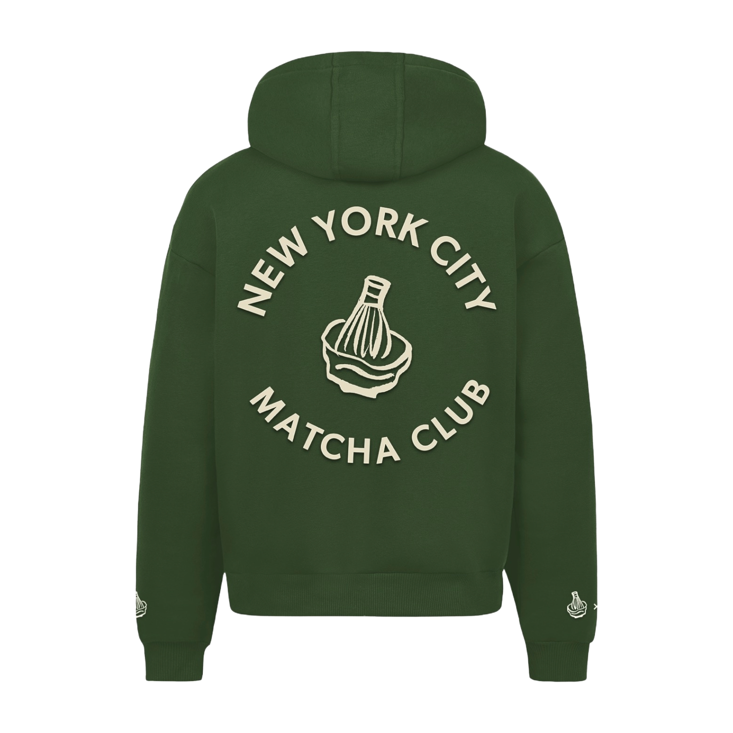 Back of the green hoodie with New York City Matcha Club lettering around a bamboo whisk and bowl graphic