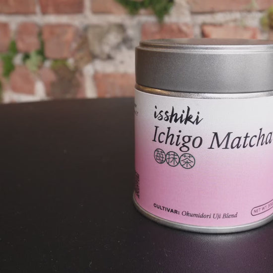 Ichigo Matcha preparation with the pink Isshiki tin, whisking matcha, and finishing an iced matcha latte