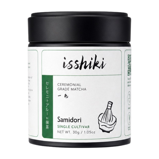 Samidori Single Cultivar matcha tin with black lid and white Isshiki label, ceremonial grade, 30g