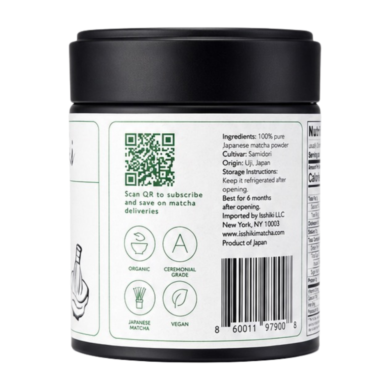 Back of Samidori matcha tin with ingredients, storage instructions, QR code for subscriptions, and organic icons