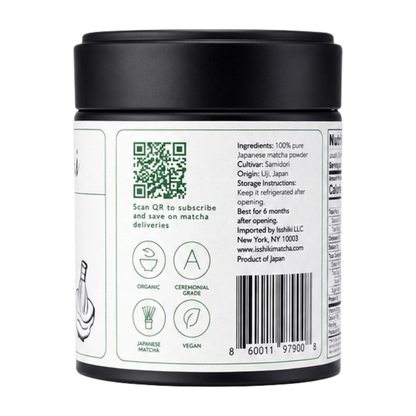 Back of Samidori matcha tin with ingredients, storage instructions, QR code for subscriptions, and organic icons