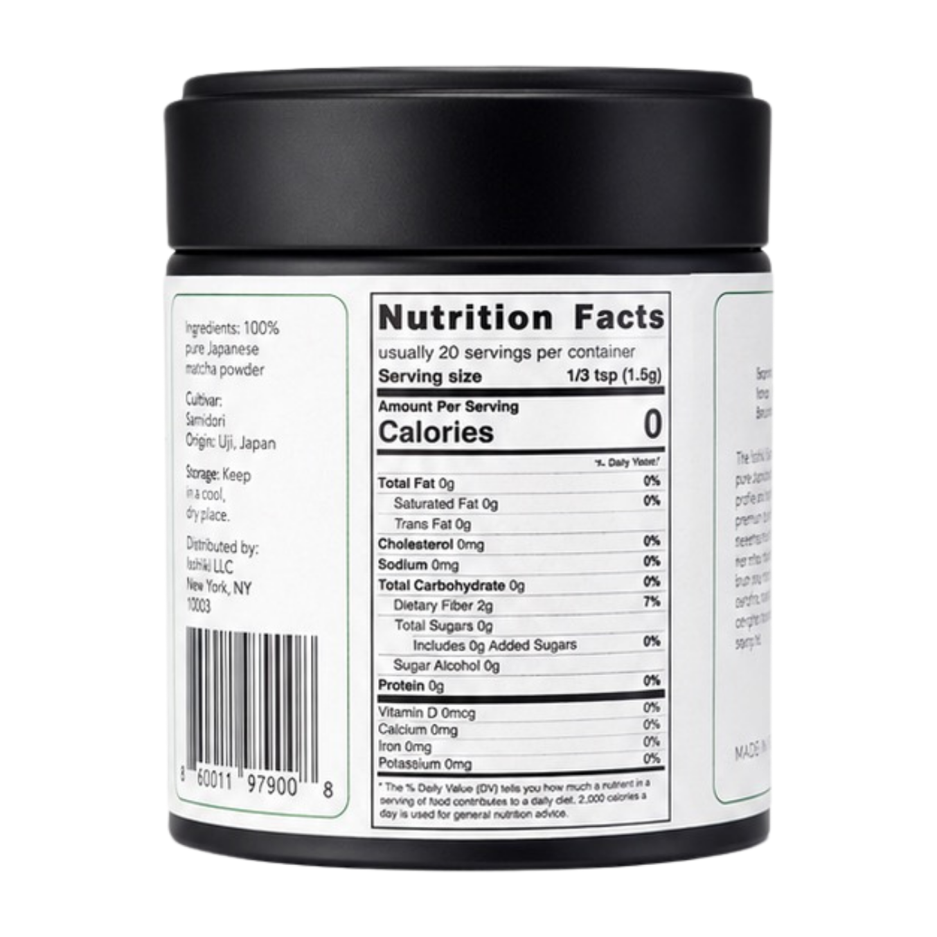 Side of Samidori matcha tin showing Nutrition Facts panel: 1/3 tsp serving, about 20 servings, 0 calories