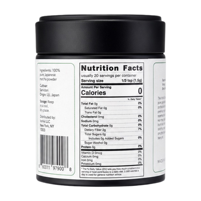 Side of Samidori matcha tin showing Nutrition Facts panel: 1/3 tsp serving, about 20 servings, 0 calories