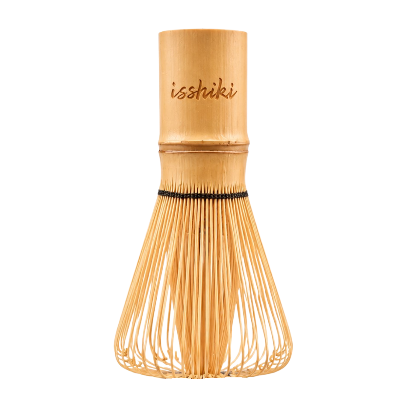 Traditional bamboo whisk with isshiki branded on the handle, shown upright on a white background