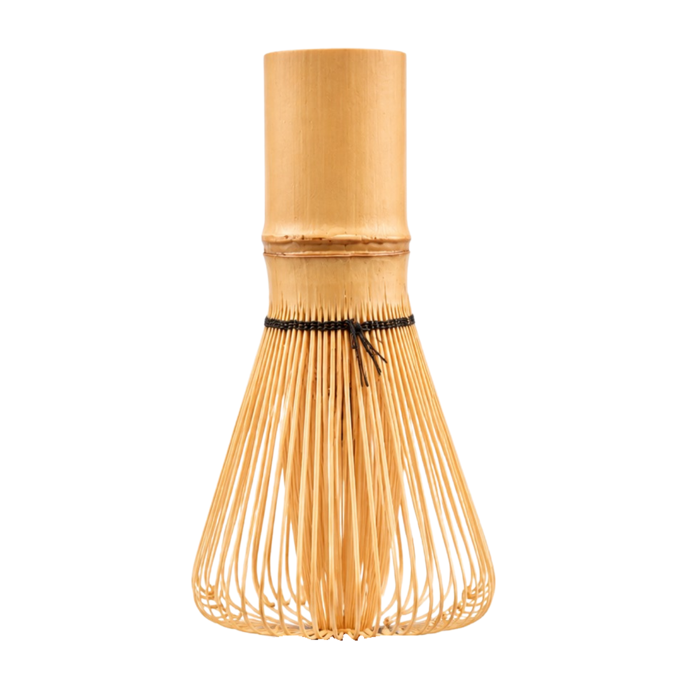 Back view of the traditional bamboo matcha whisk with black thread binding on a white background