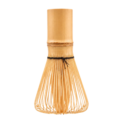 Back view of the traditional bamboo matcha whisk with black thread binding on a white background