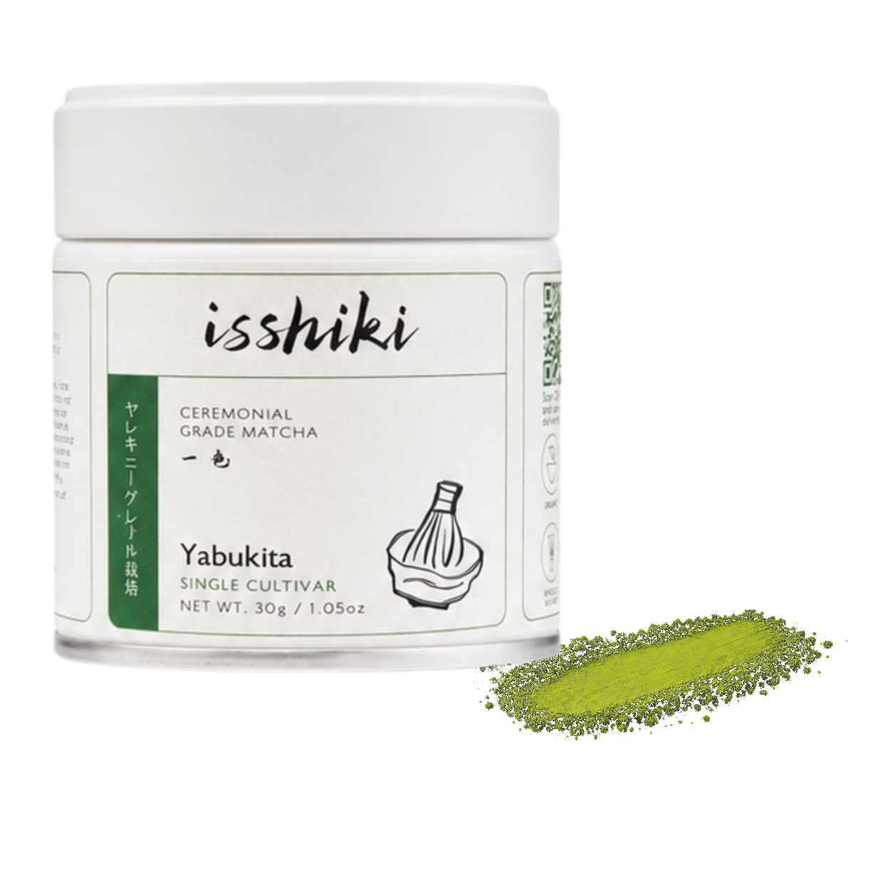 Isshiki Yabukita matcha tin beside a yellow-green Yabukita powder smear