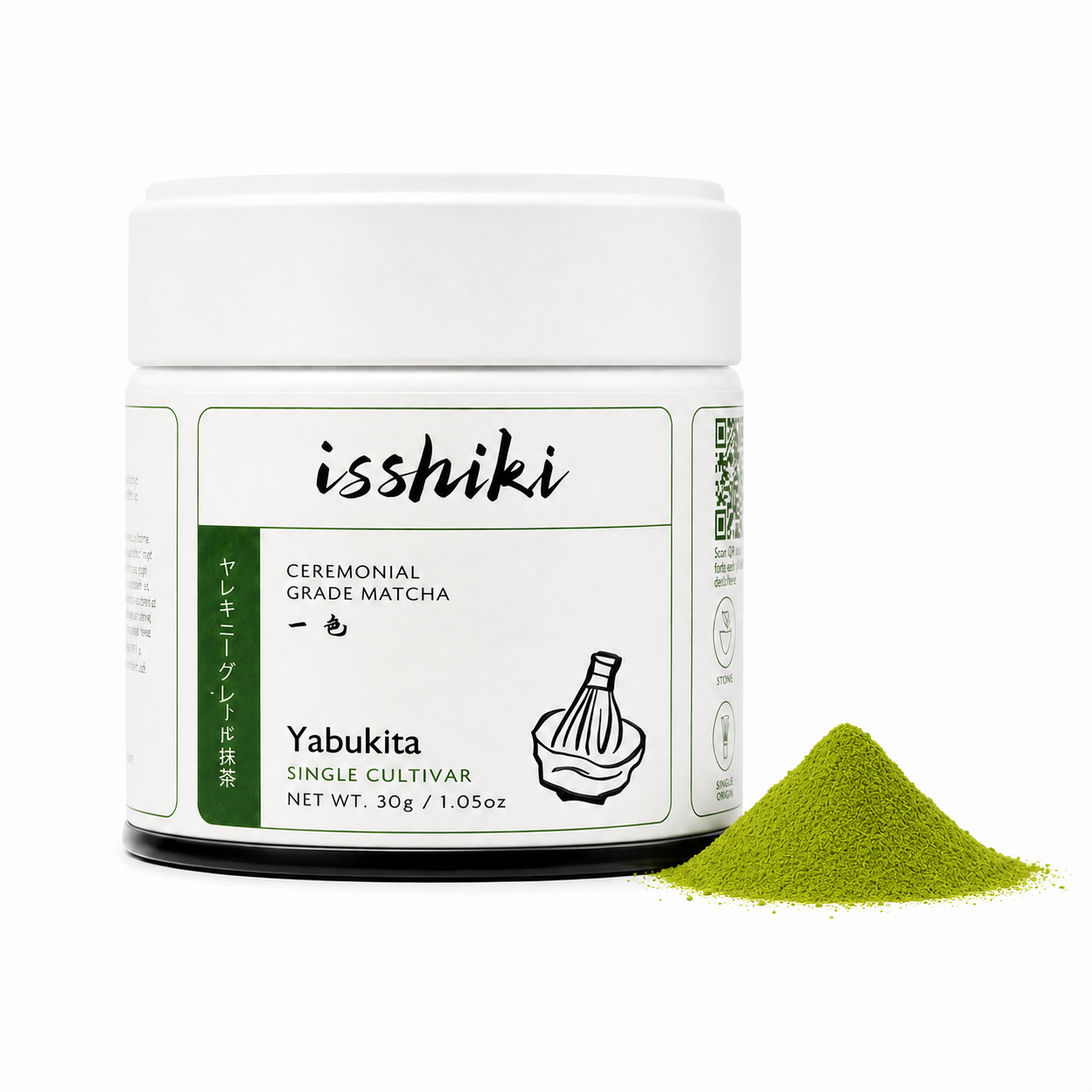 Isshiki Yabukita ceremonial matcha tin beside vibrant green matcha powder on white