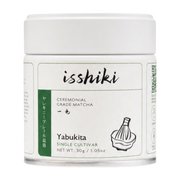 Isshiki Yabukita single cultivar ceremonial matcha in a white tin with green label, front view, 30g
