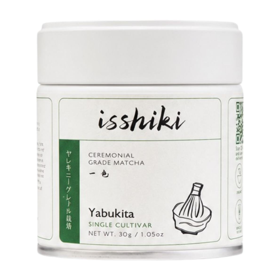 Isshiki Yabukita single cultivar ceremonial matcha in a white tin with green label, front view, 30g