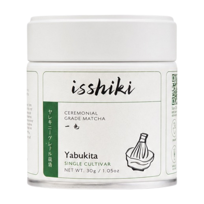 Isshiki Yabukita single cultivar ceremonial matcha in a white tin with green label, front view, 30g